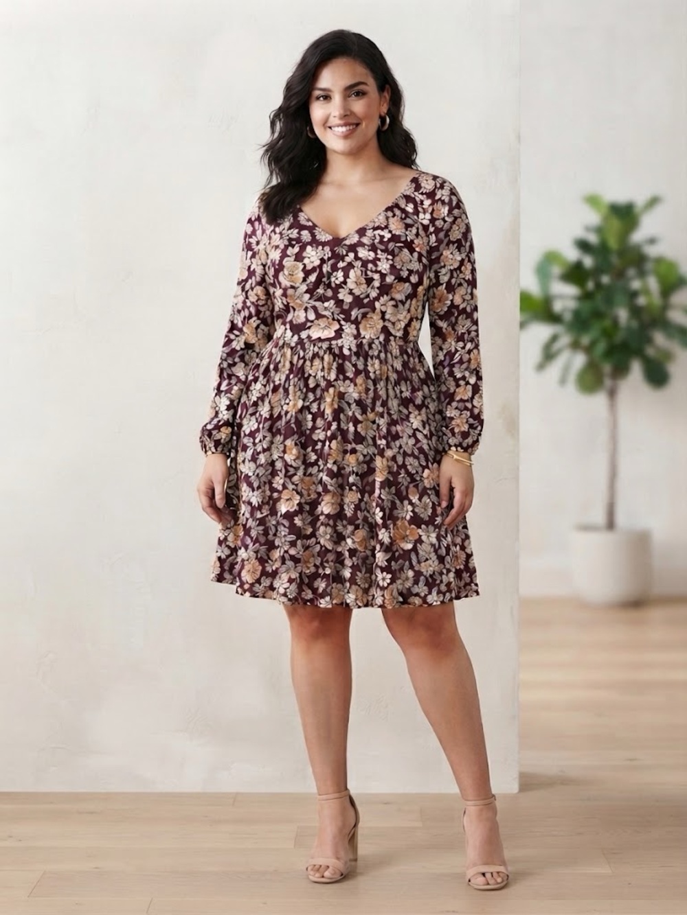 Altar'd State Burgundy Floral V-Neck Long Sleeve Dress